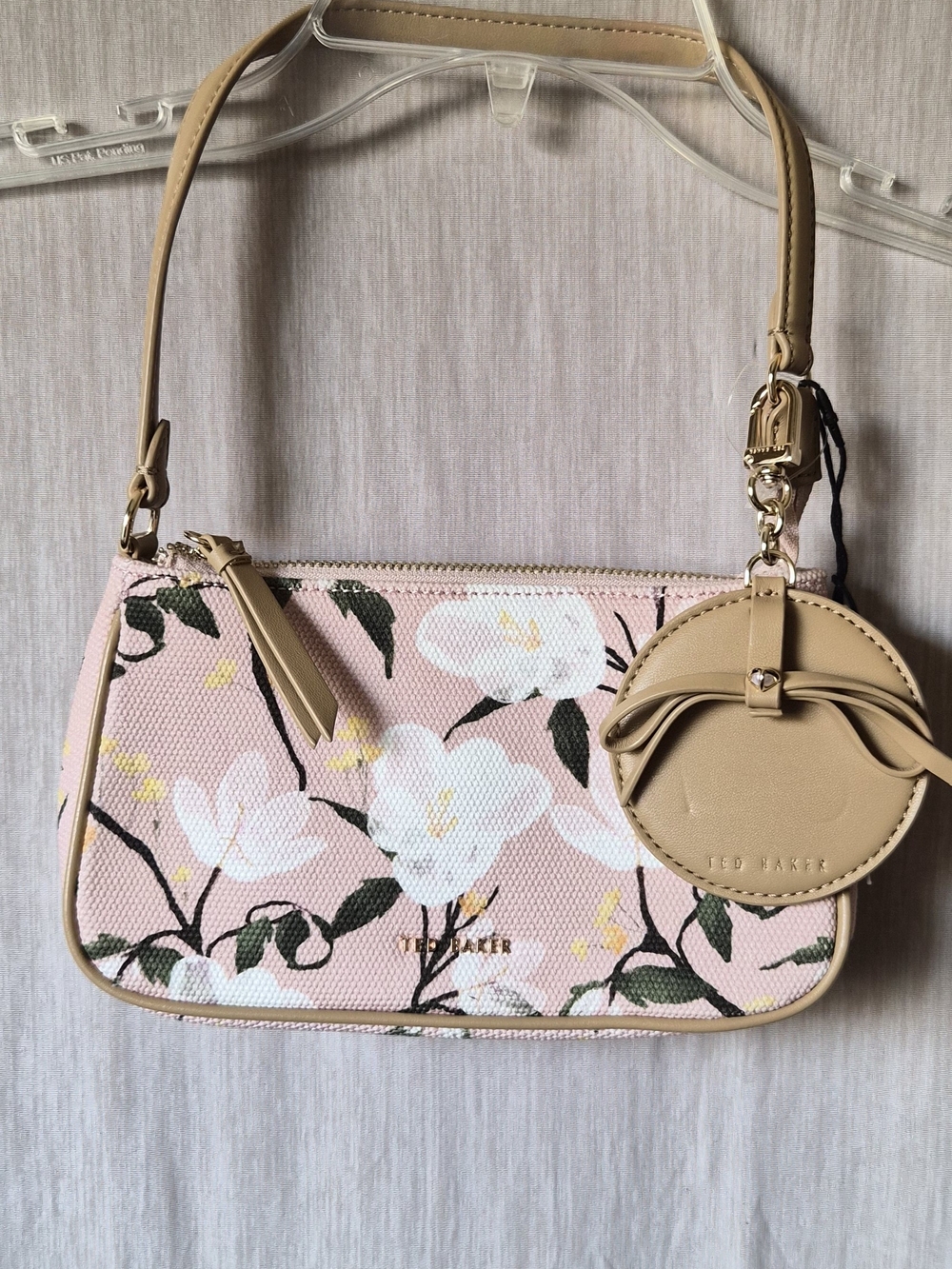 Ted Baker Pink Floral Mini Shoulder Bag with Tan Trim
